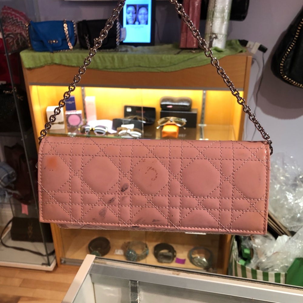 Christian Dior Wallet on a strap. Blush color patten leather markings throughout